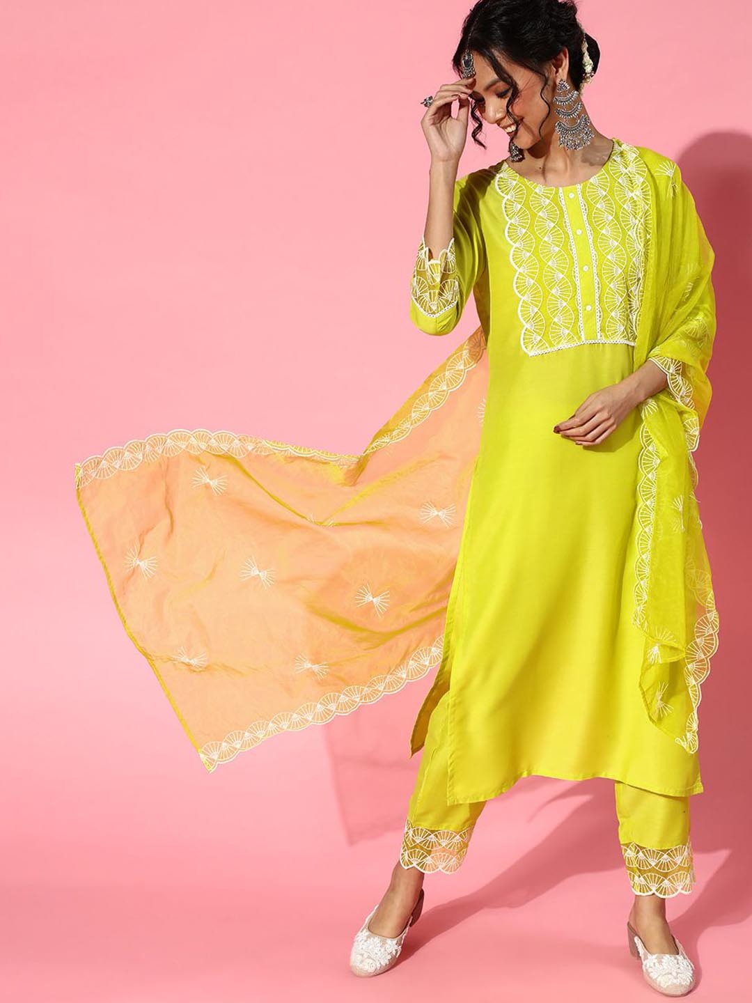 

Indo Era Ethnic Motifs Yoke Design Regular Kurta With Trouser & Dupatta, Green