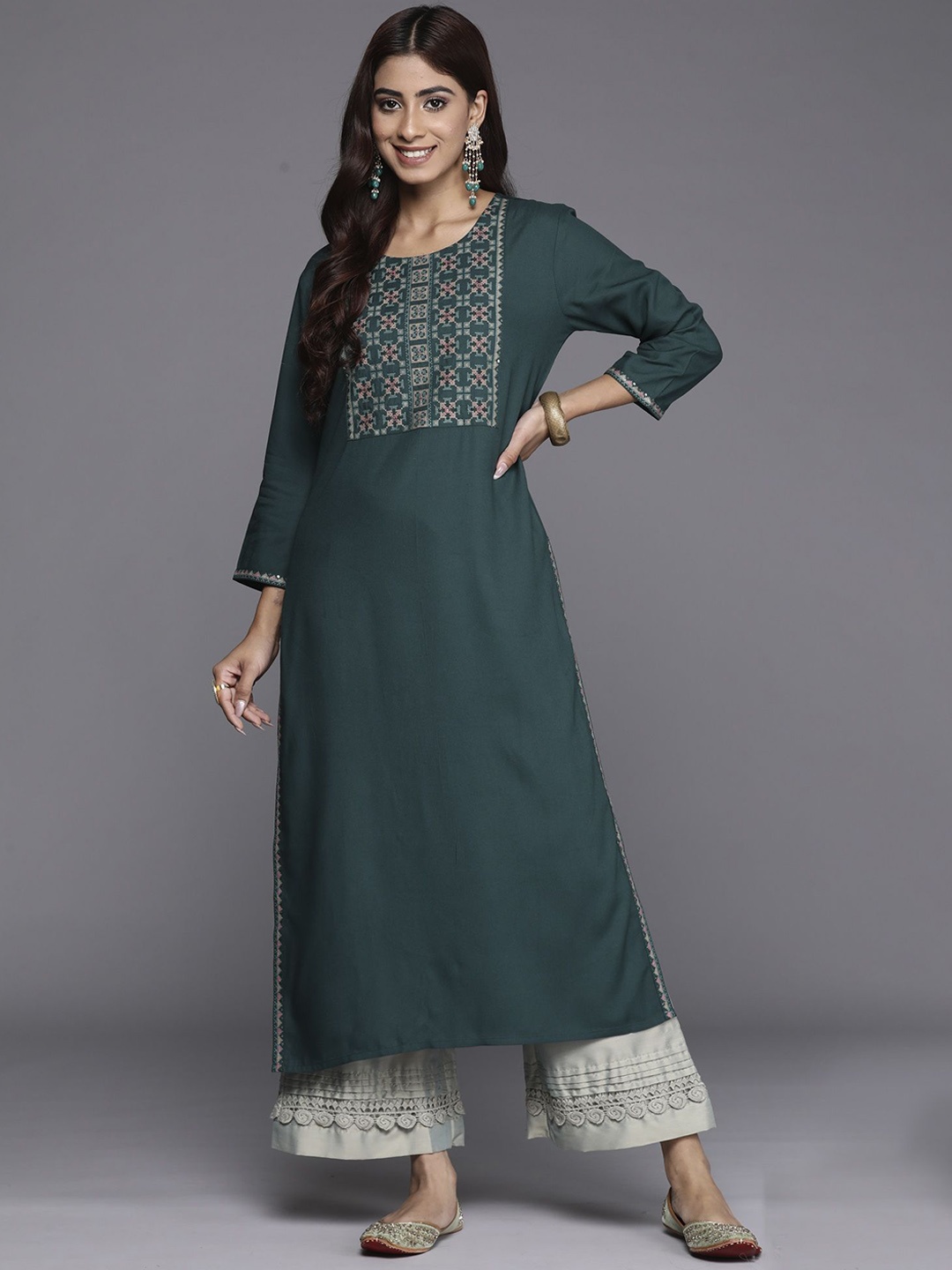 

Indo Era Ethnic Motifs Embroidered Round Neck Sequins Straight Kurtas, Green