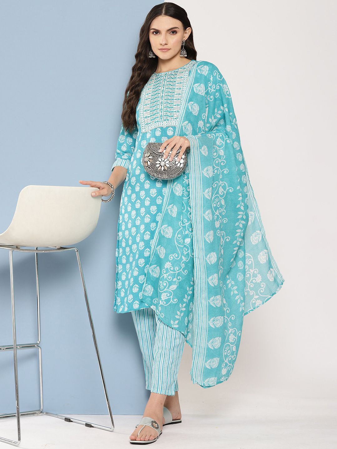 

Indo Era Floral Printed Sequinned Pure Cotton Straight Kurta With Trousers & Dupatta, Blue