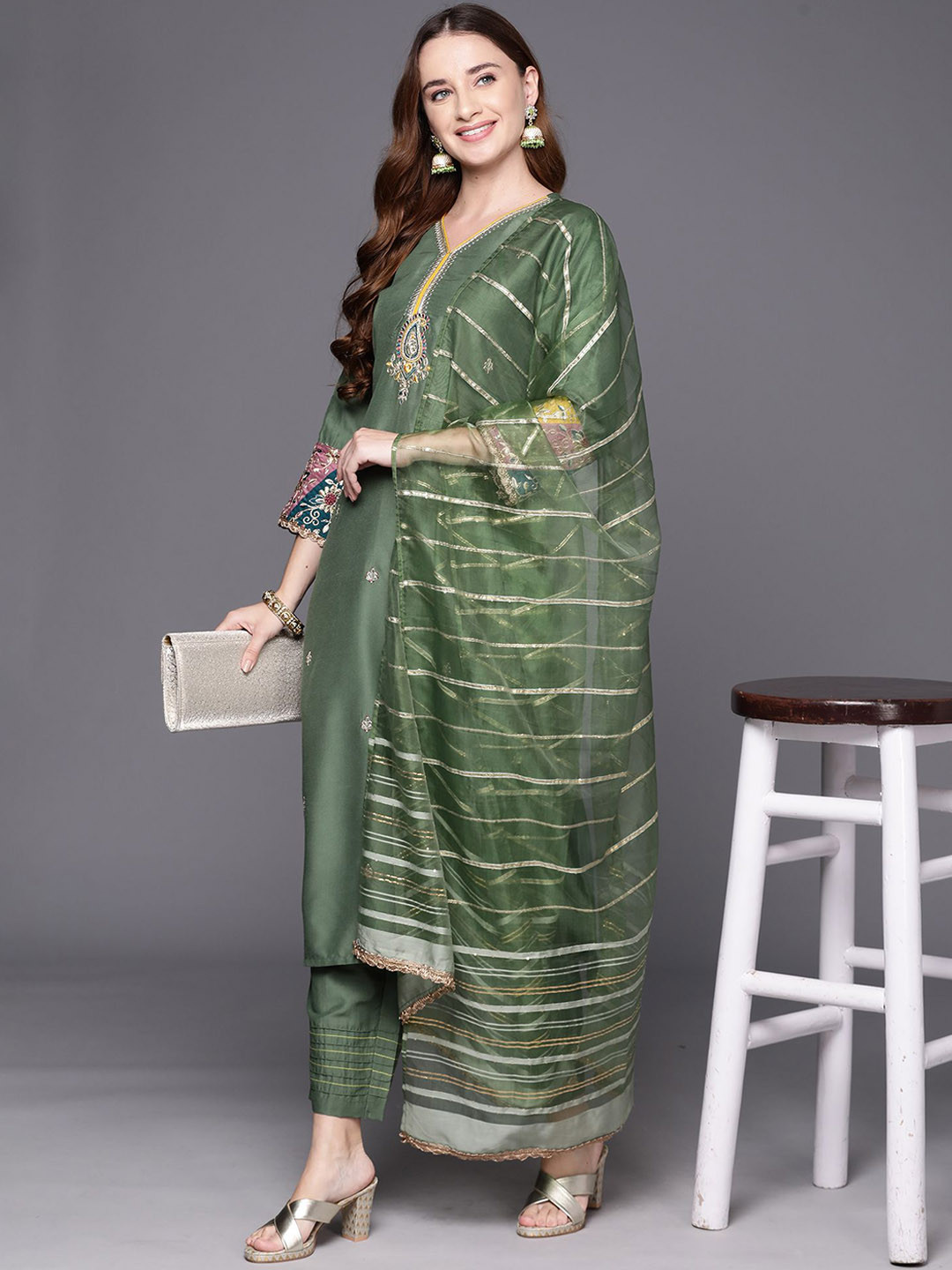 

Indo Era Floral Embroidered V-Neck Zari Straight Kurta With Trousers & Dupatta, Green