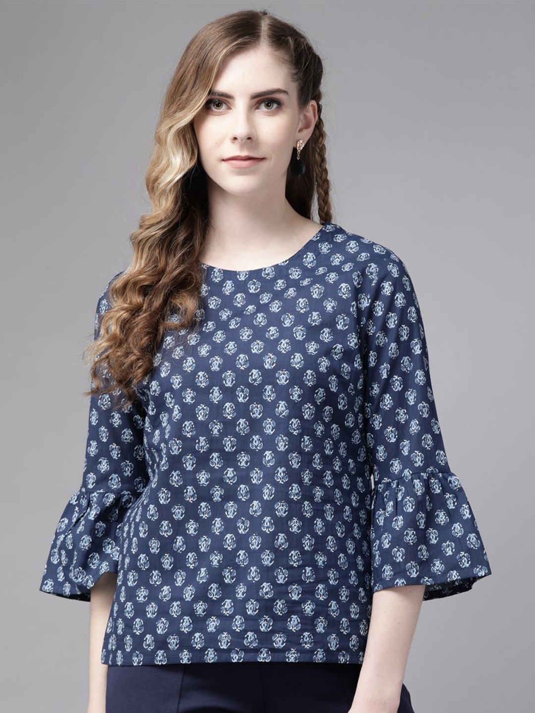 

Indo Era Abstract Printed Round Neck Bell Sleeve Top, Blue