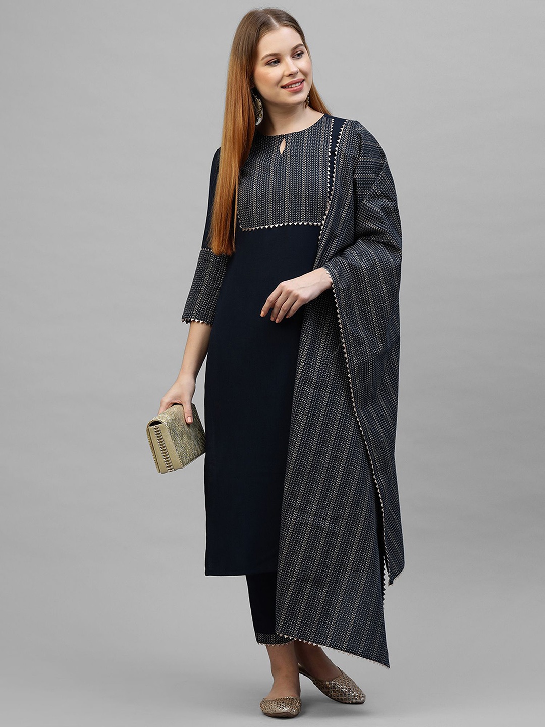 

Indo Era Women Yoke Design Regular Gotta Patti Kurta with Trousers & With Dupatta, Navy blue