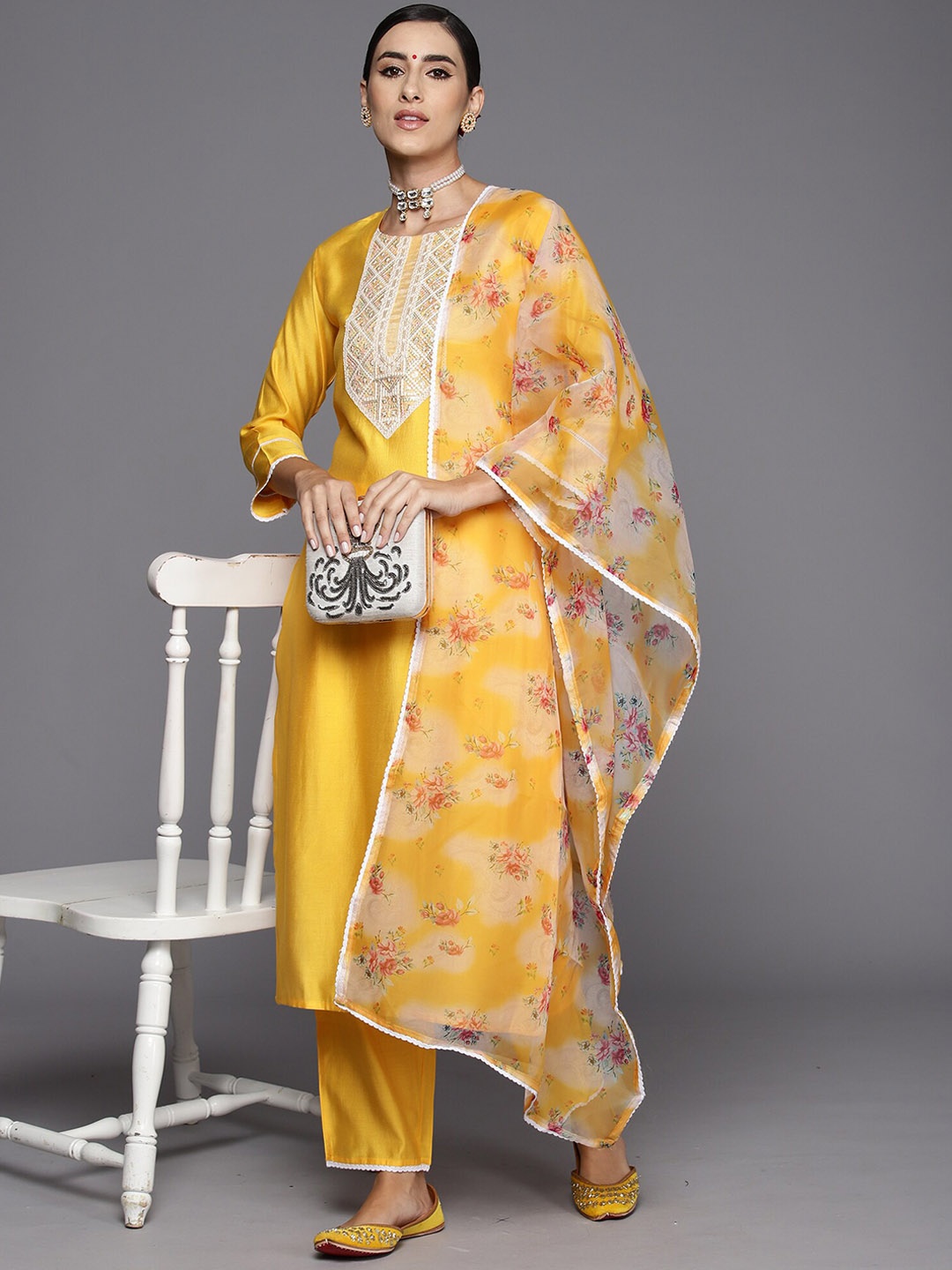 

Indo Era Floral Yoke Design Regular Sequinned Liva Kurta with Trousers & Dupatta, Yellow