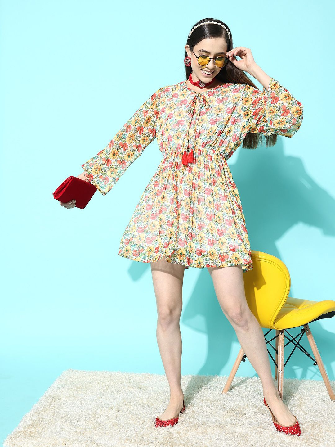 

Indo Era Floral Print Tie-up Neck Flared Sleeves Georgette Fit & Flare Dress, Yellow