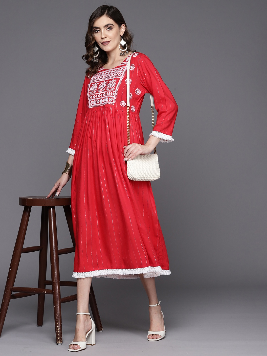 

Indo Era Striped Round Neck Embroidered A-Line Midi Ethnic Dress, Red
