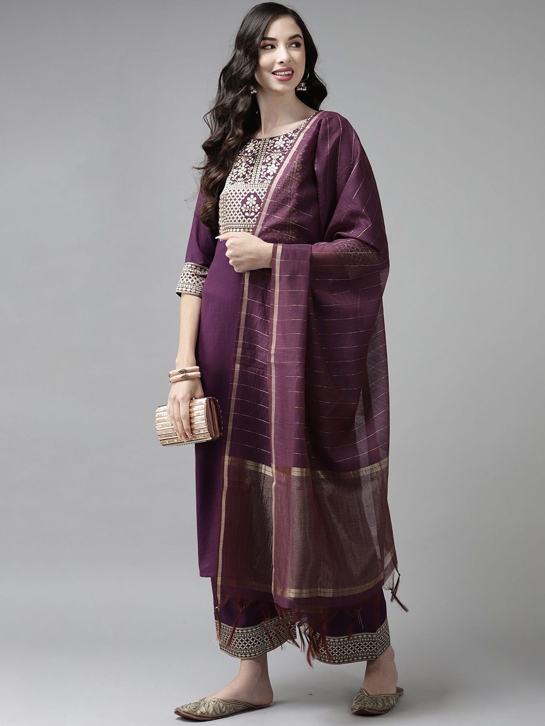 

Indo Era Floral Yoke Design Straight Kurta With Palazzos & Dupatta, Burgundy
