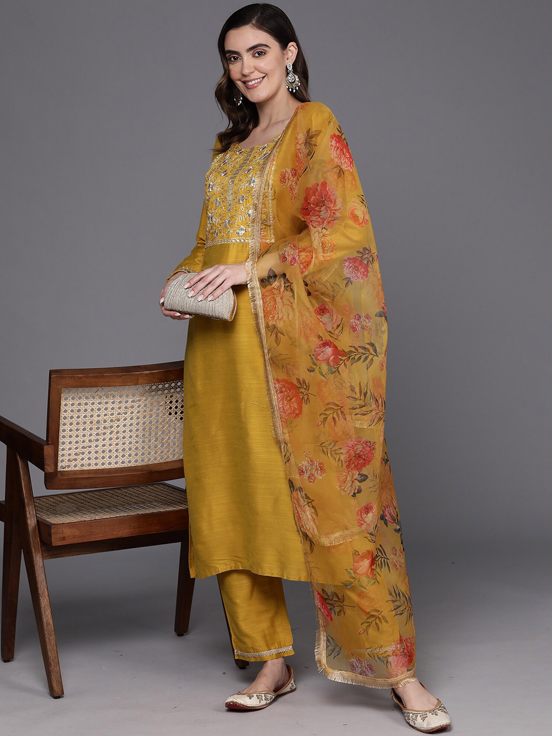 

Indo Era Yellow Floral Embroidered Chanderi Silk Straight Kurta Trousers & Dupatta