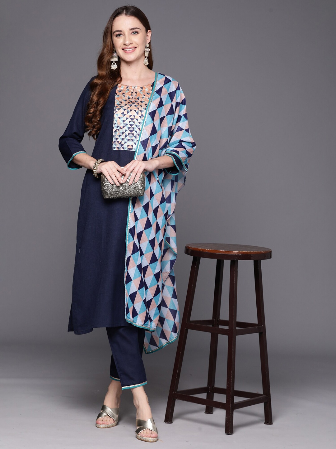 

Indo Era Geometric Yoke Design Keyhole Neck Straight Kurta With Trousers & Dupatta, Navy blue