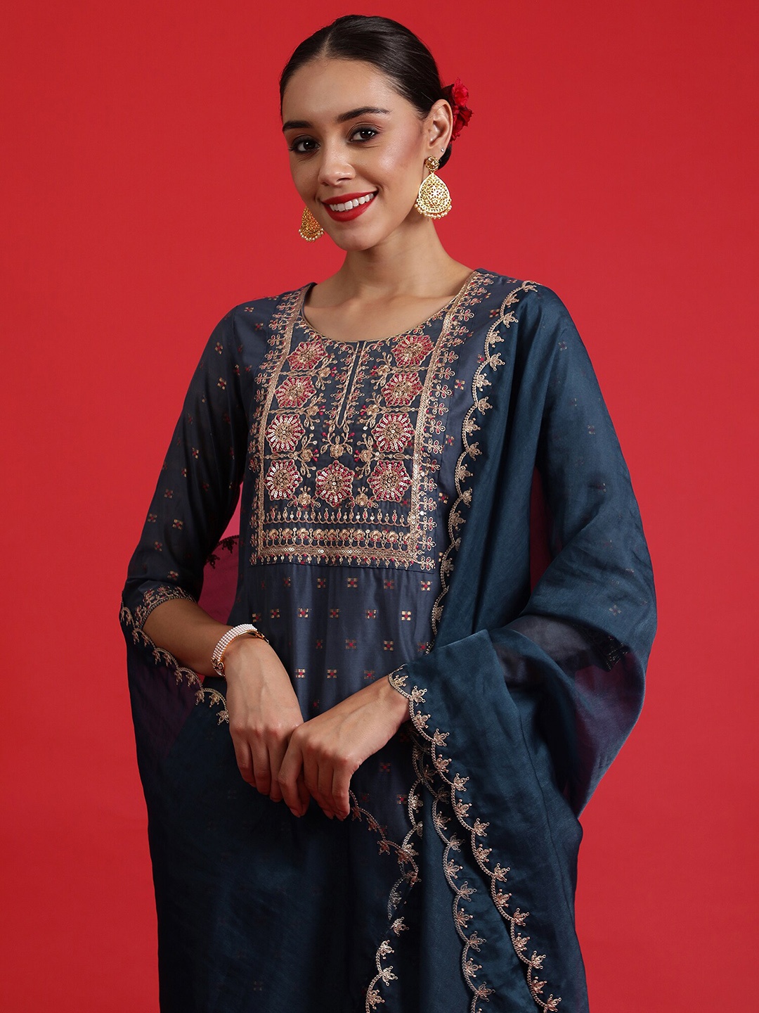 

Indo Era Embroidered Regular Sequinned Chanderi Silk Kurta with Trousers & With Dupatta, Blue