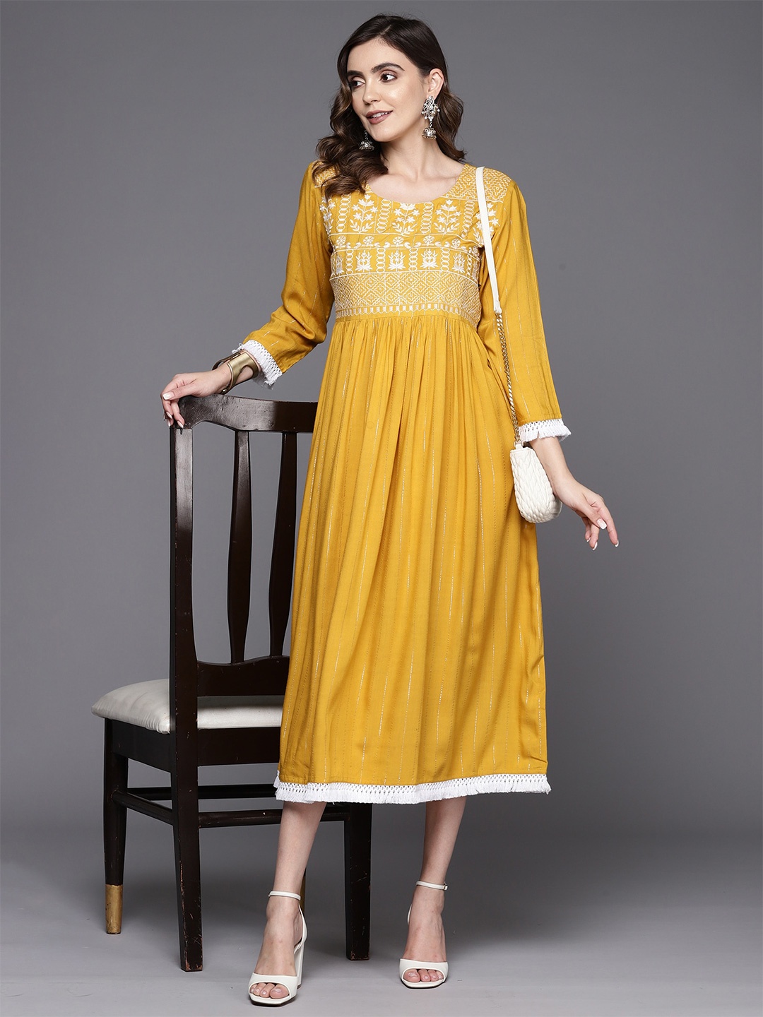 

Indo Era Striped Round Neck Embroidered A-Line Midi Dress, Mustard