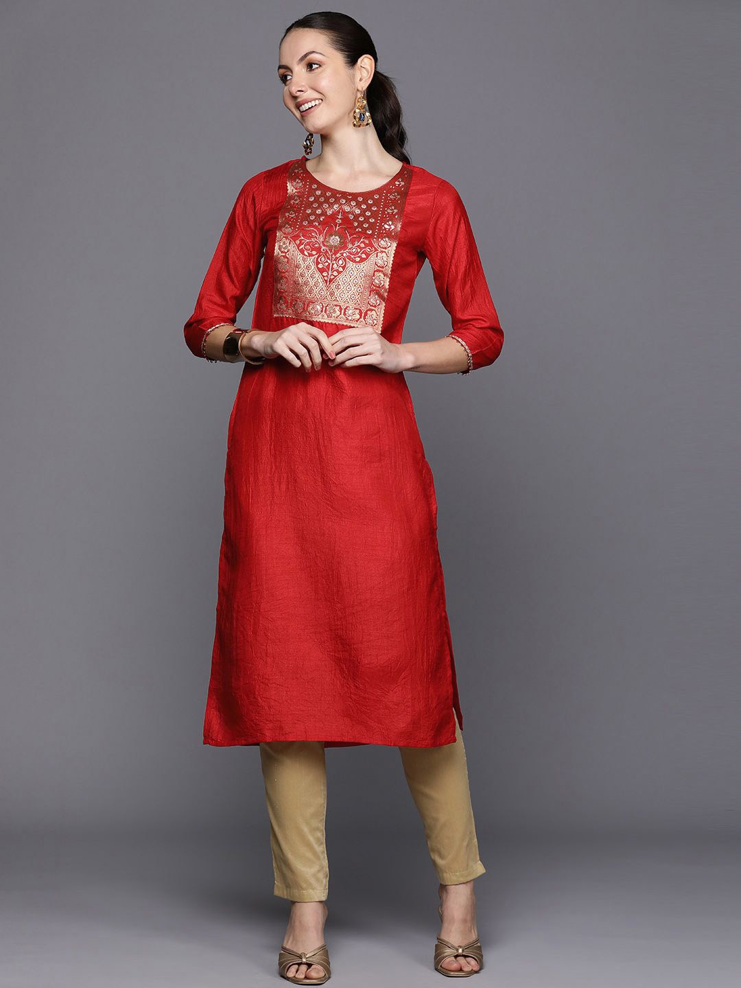 

Indo Era Ethnic Motifs Woven Design Regular Sleeves Straight Kurta, Red