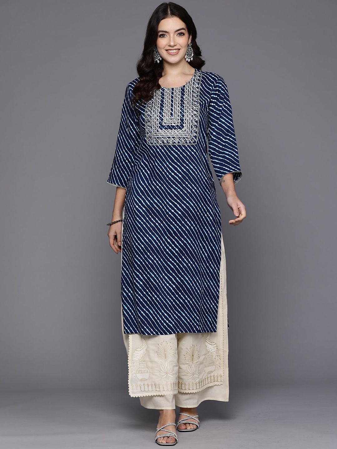 

Indo Era Leheriya Printed Yoke Embroidered Straight Kurta, Blue