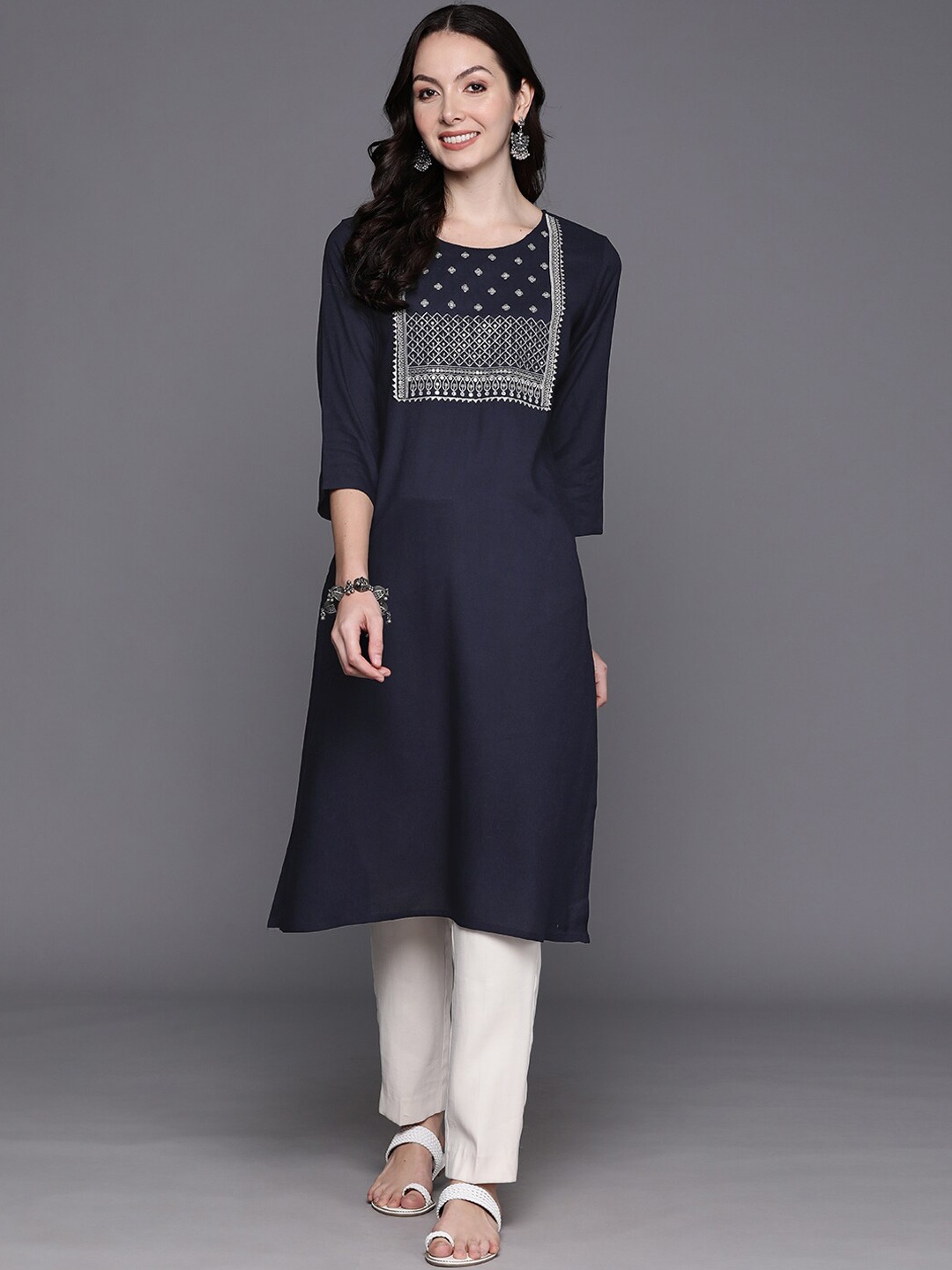 

Indo Era Floral Embroidered Sequins Straight Kurtas, Blue