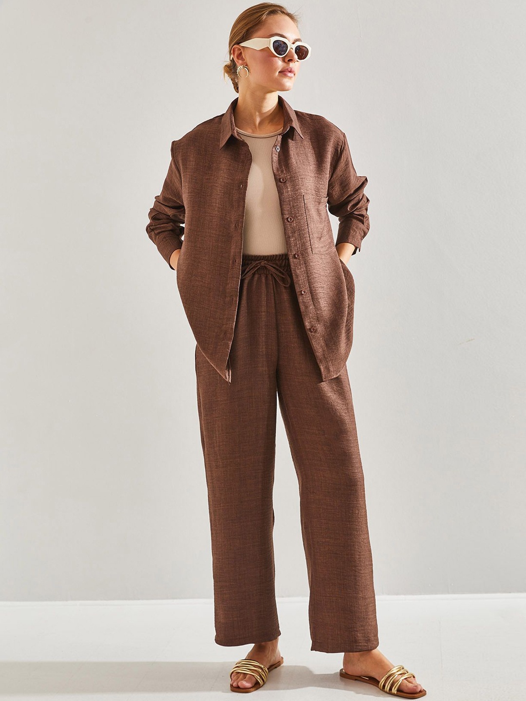 

BIANCO LUCCI Long Sleeves Pure Cotton Shirt With Trousers, Brown