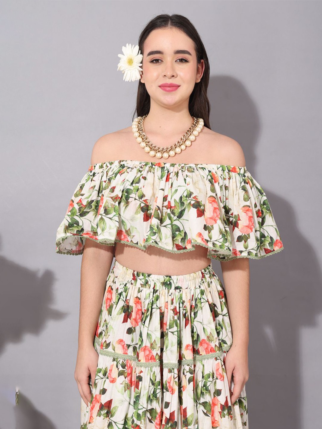 

KOVET Rosarium Floral Printed Off-Shoulder Cotton Bardot Crop Top, White