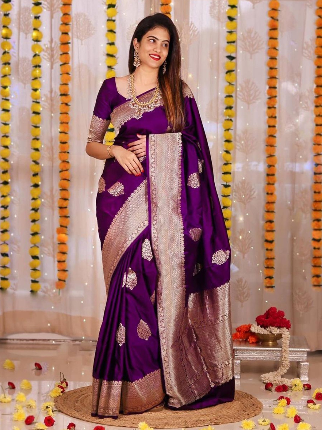 

ZIBLON Woven Design Zari Pure Silk Kanjeevaram Saree, Purple