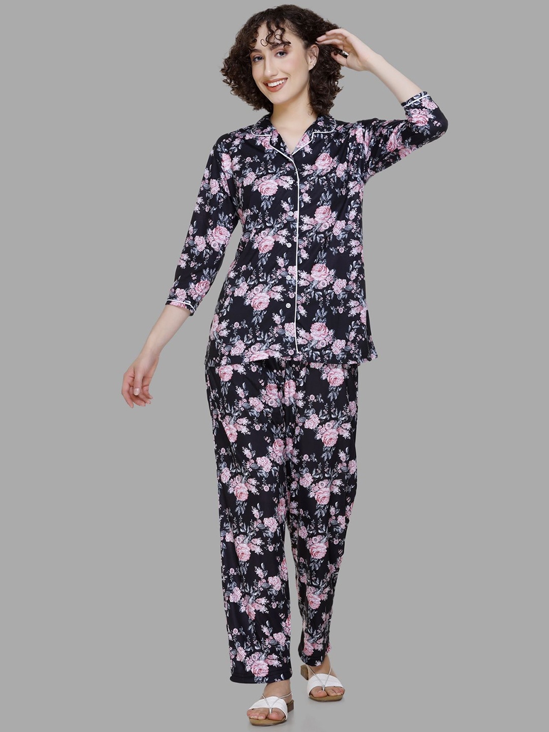 

BAESD Floral Printed Cuban Collar Shirt With Pyjamas, Black