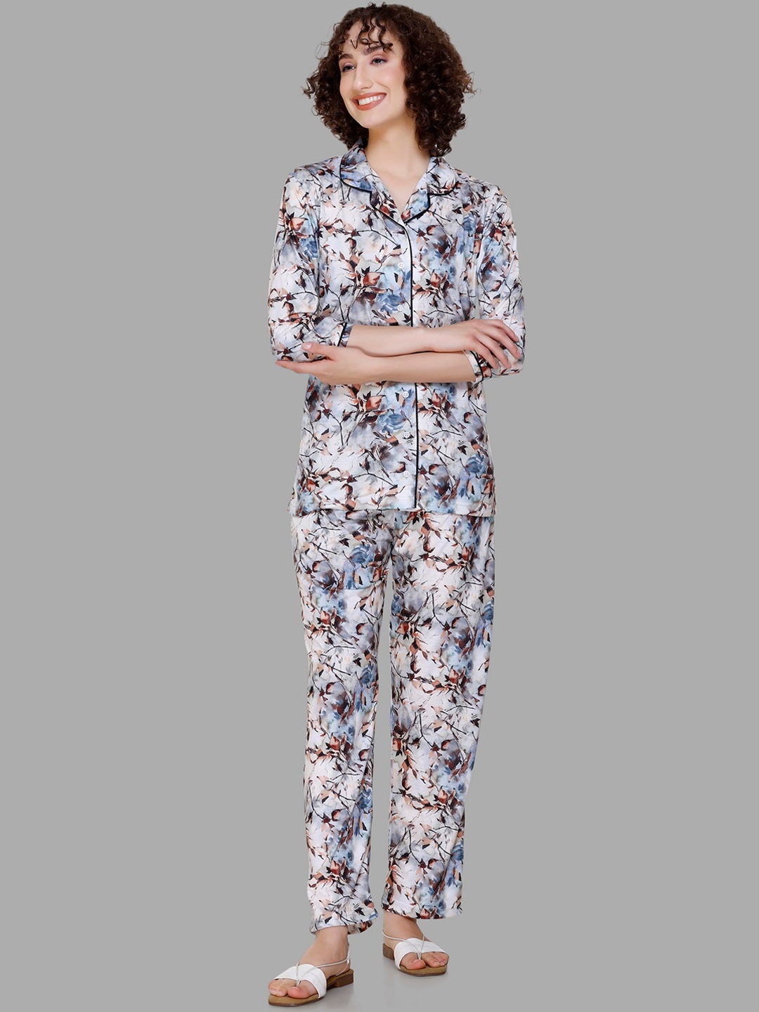

BAESD Floral Printed Cuban Collar Shirt With Pyjamas, Beige