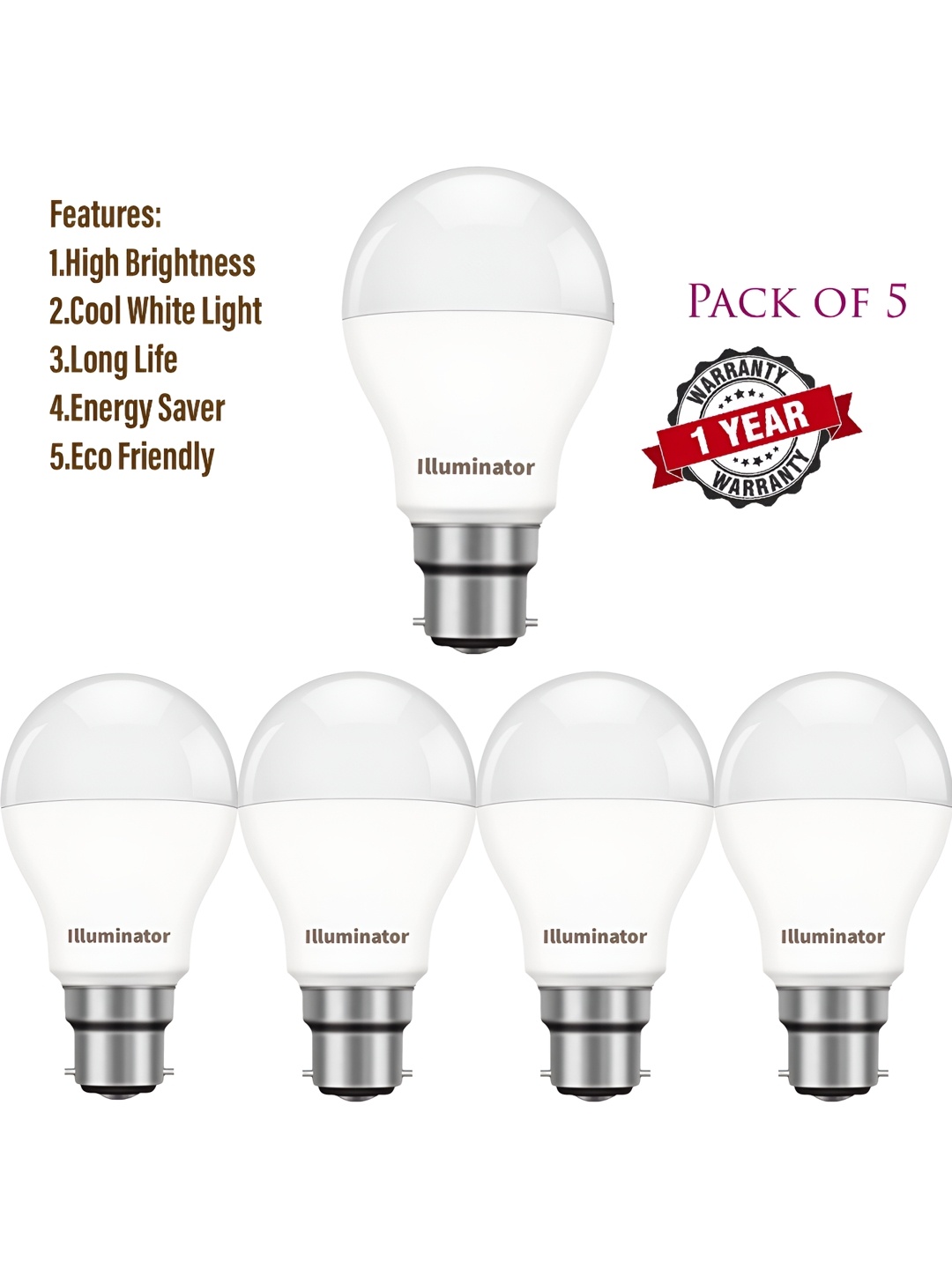 

SPARK WORLD White & Silver-Toned 5Pcs Acrylic LED Bulbs