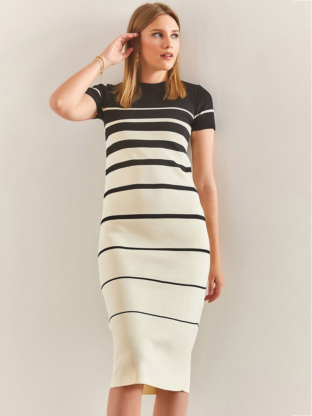 

BIANCO LUCCI Striped Acrylic Midi T-shirt Dress, White