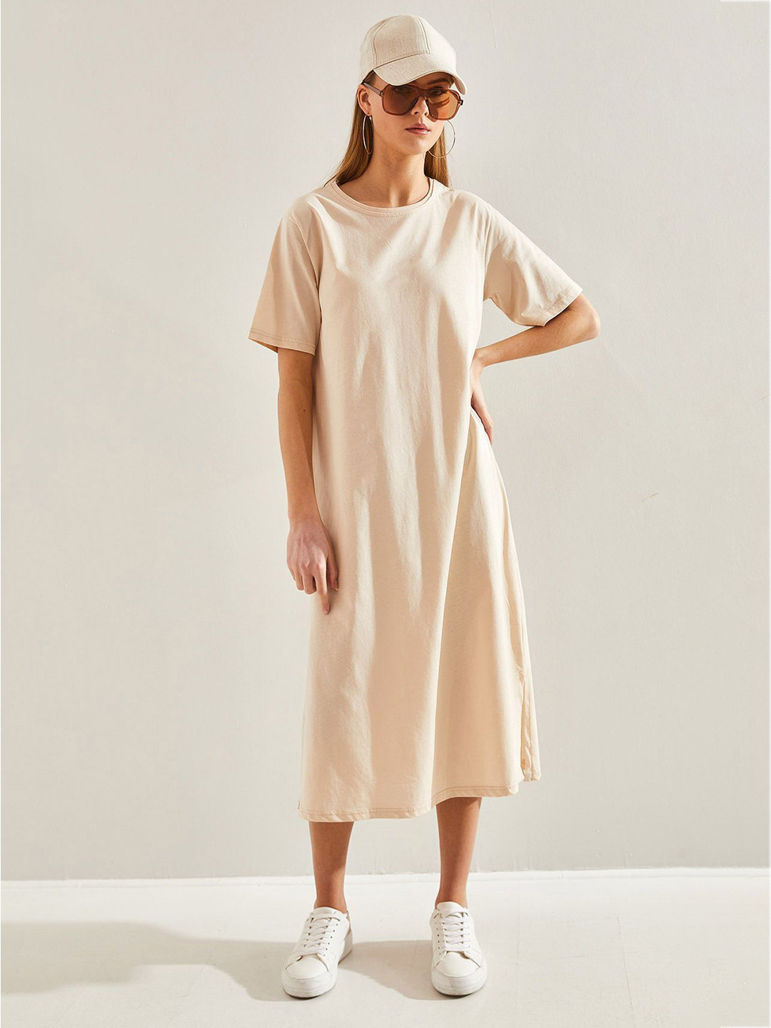 

BIANCO LUCCI Cotton A-Line Midi Dress, Beige