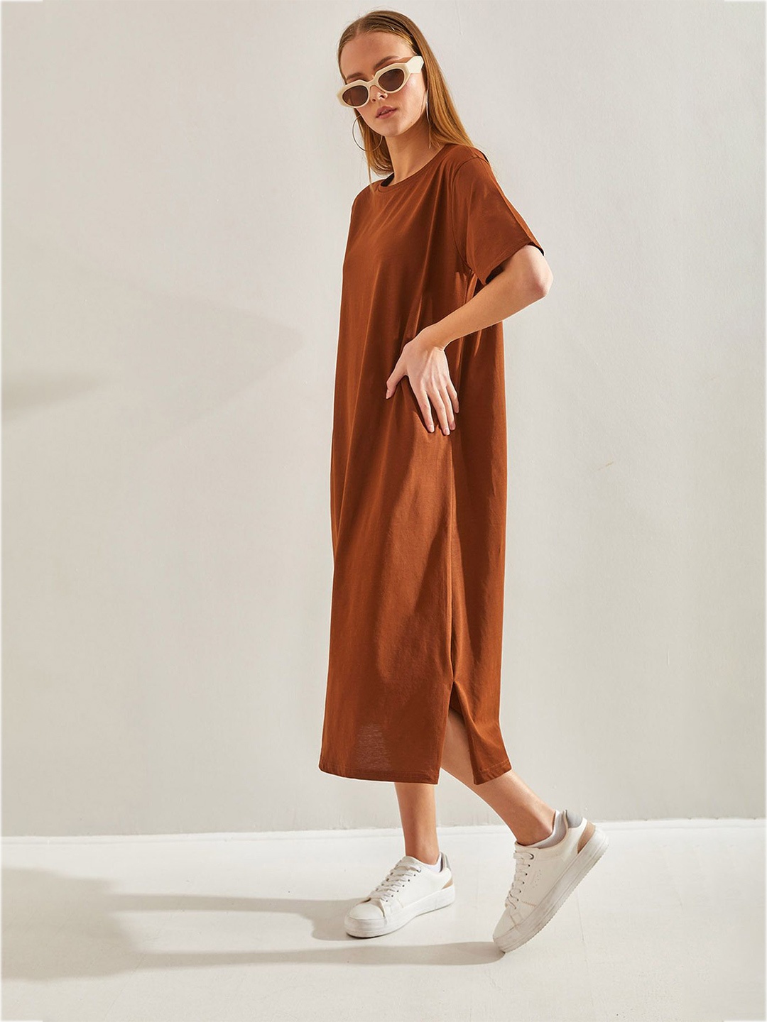

BIANCO LUCCI Round Neck Cotton A-Line Midi Dress, Brown