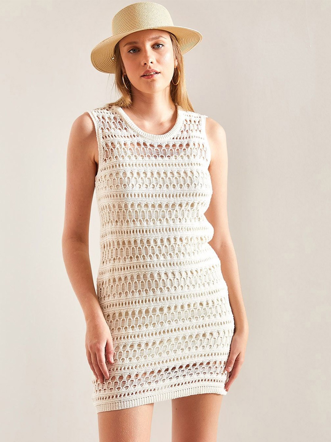 

BIANCO LUCCI Self Design Round Neck Sheath Mini Dress, Beige