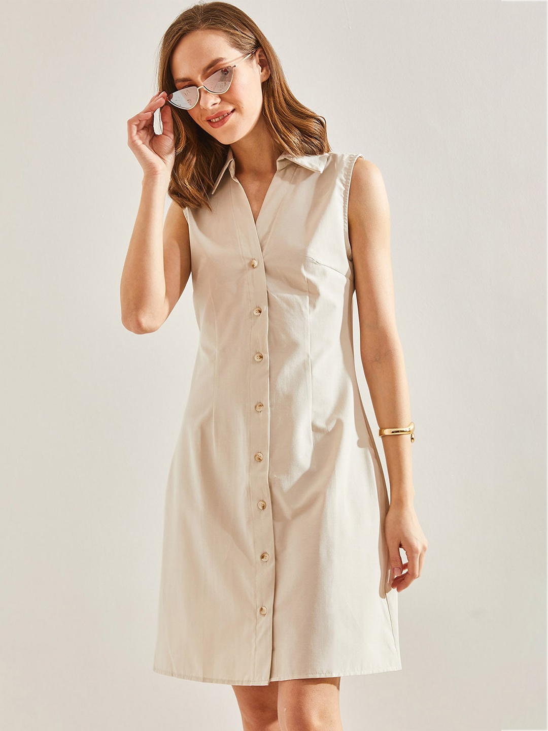 

BIANCO LUCCI Sleeveless Shirt Dress, Beige
