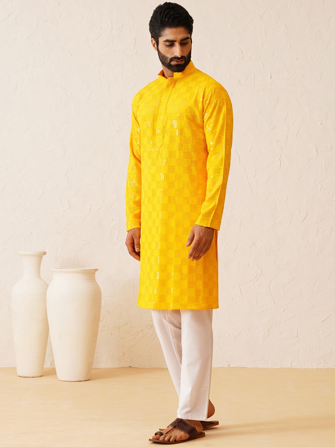 

SOJANYA Ethnic Motifs Embroidered Regular Sequinned Pure Cotton Kurta with Churidar, Mustard