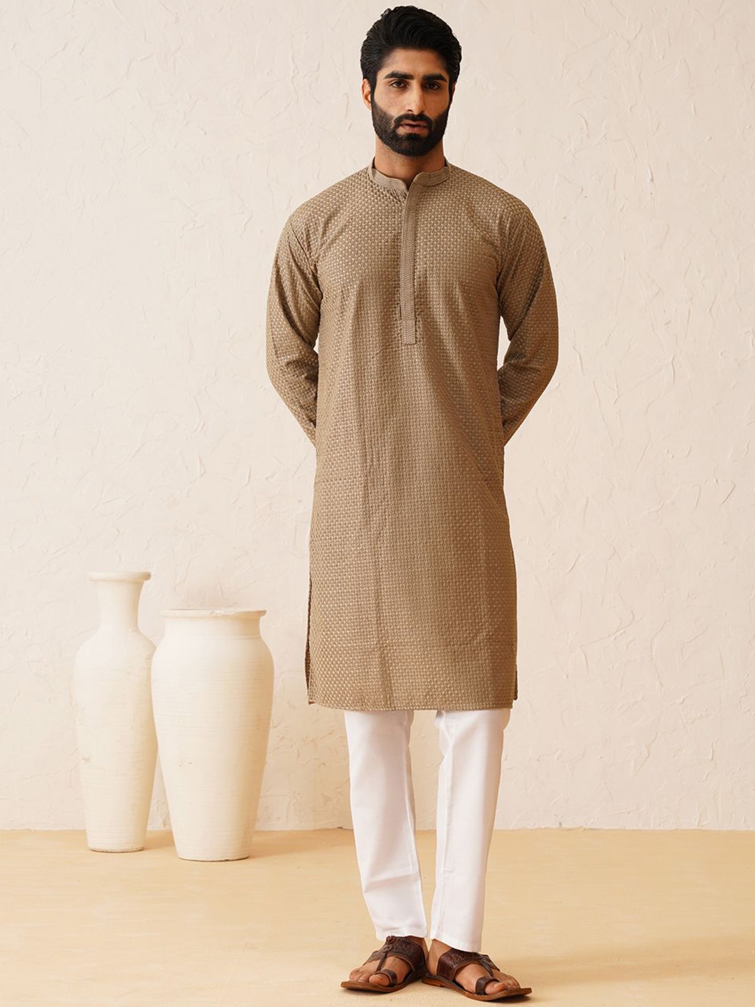 

SOJANYA Embroidered Regular Thread Work Pure Cotton Kurta with Churidar, Coffee brown