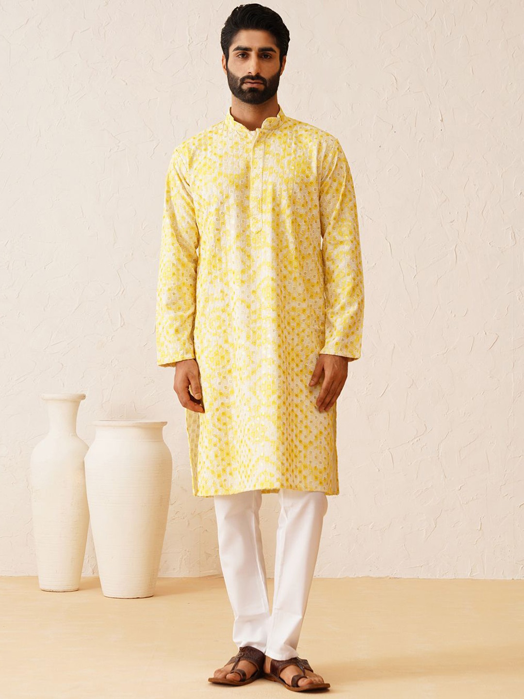 

SOJANYA Embroidered Regular Sequinned Pure Cotton Kurta with Churidar, Yellow