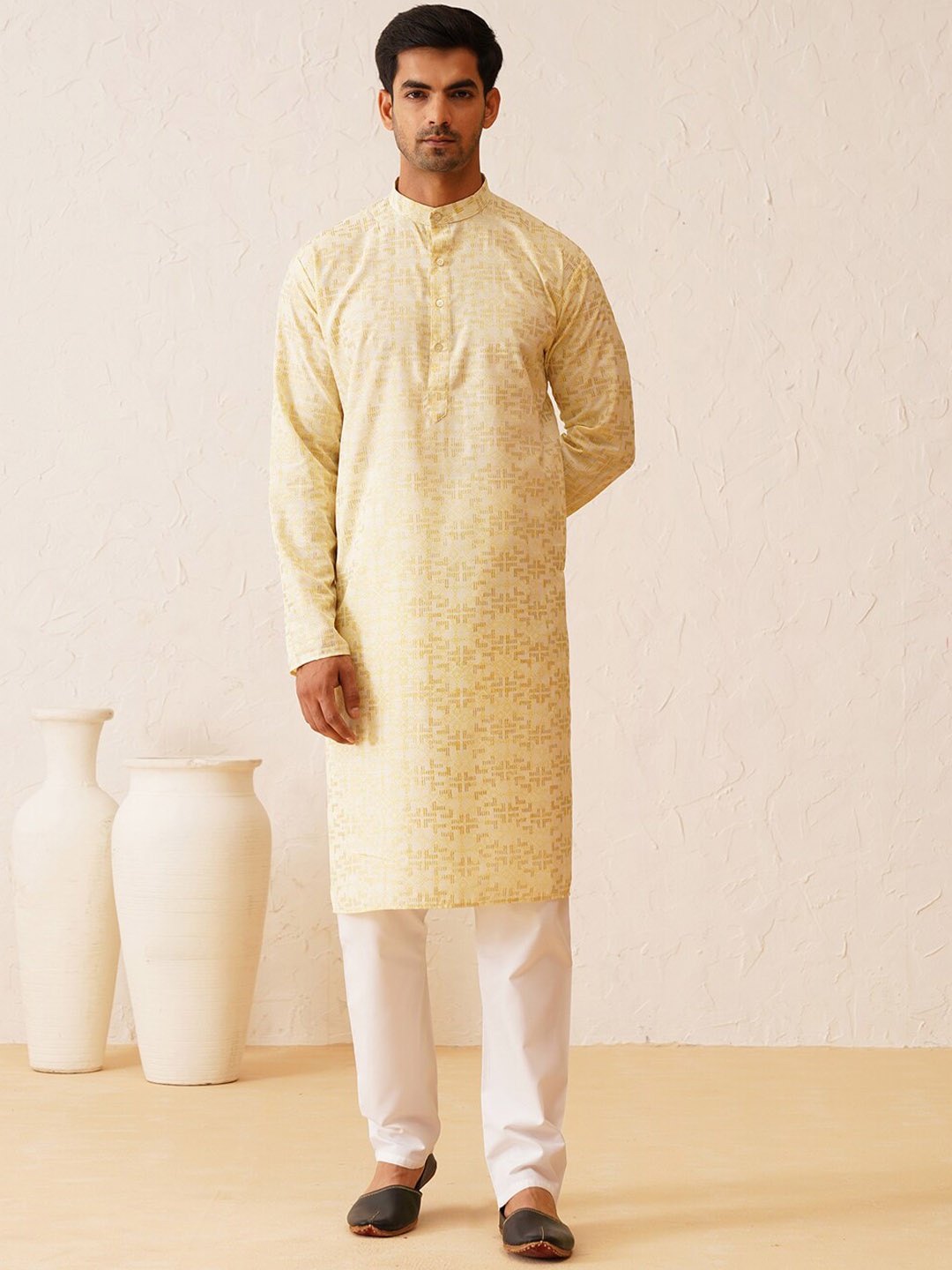 

SOJANYA Band Collar Long Sleeves Woven Design Pure Cotton Straight Kurta with Churidar, Yellow