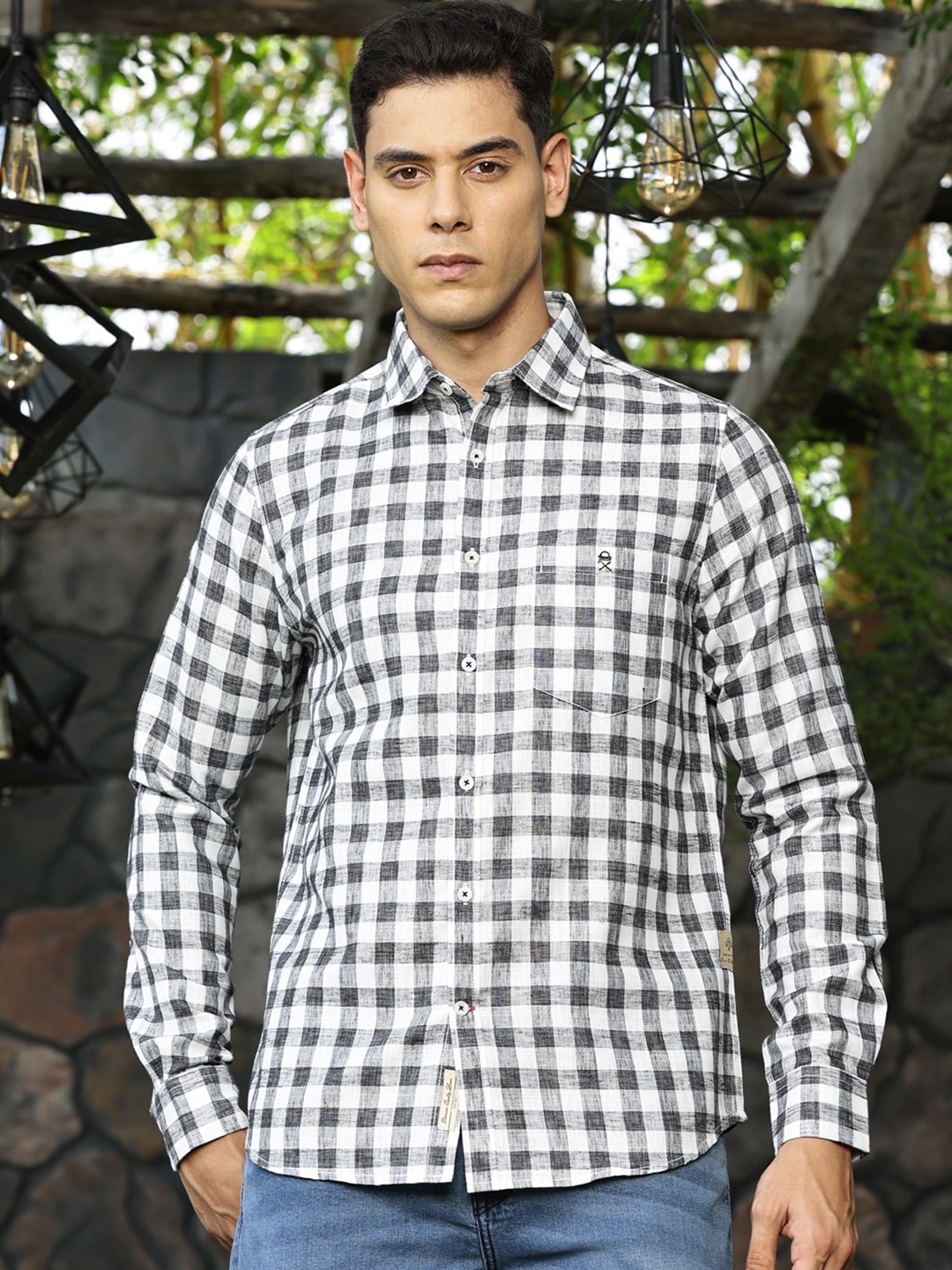 

Thomas Scott Premium Slim Fit Checked Spread Collar Linen Cotton Casual Shirt, Black