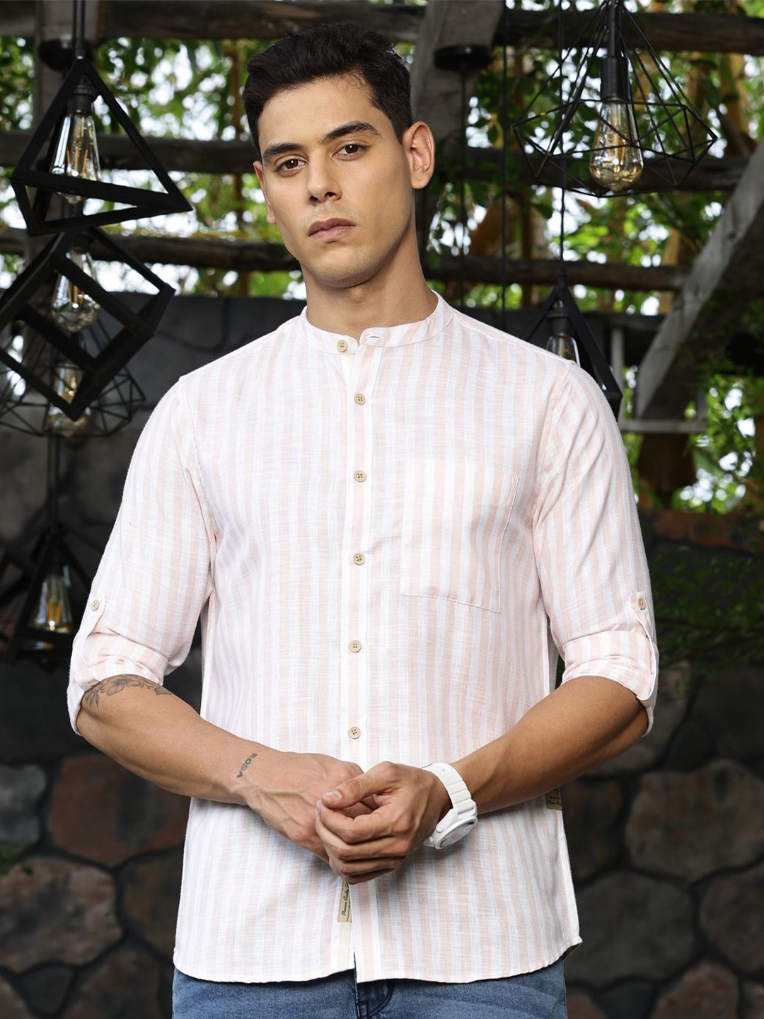 

Thomas Scott Men Premium Linen Slim Fit Opaque Checked Casual Shirt, Peach