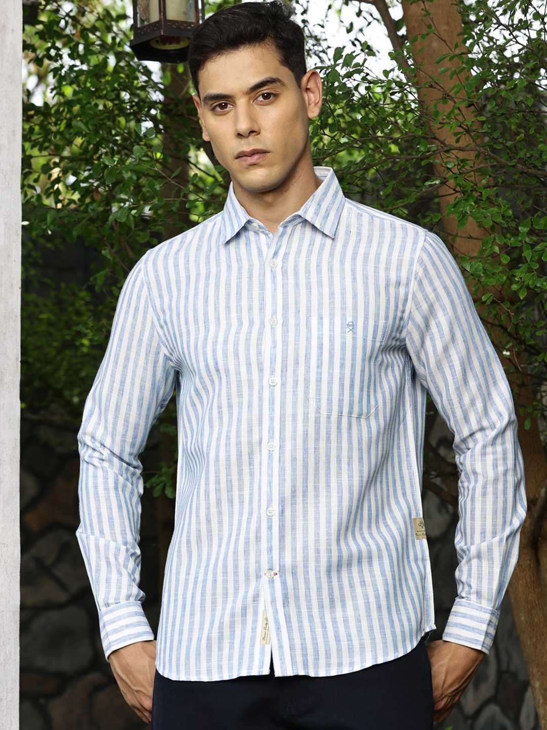 

Thomas Scott Premium Linen Slim Fit Striped Spread Collar Casual Shirt, Blue