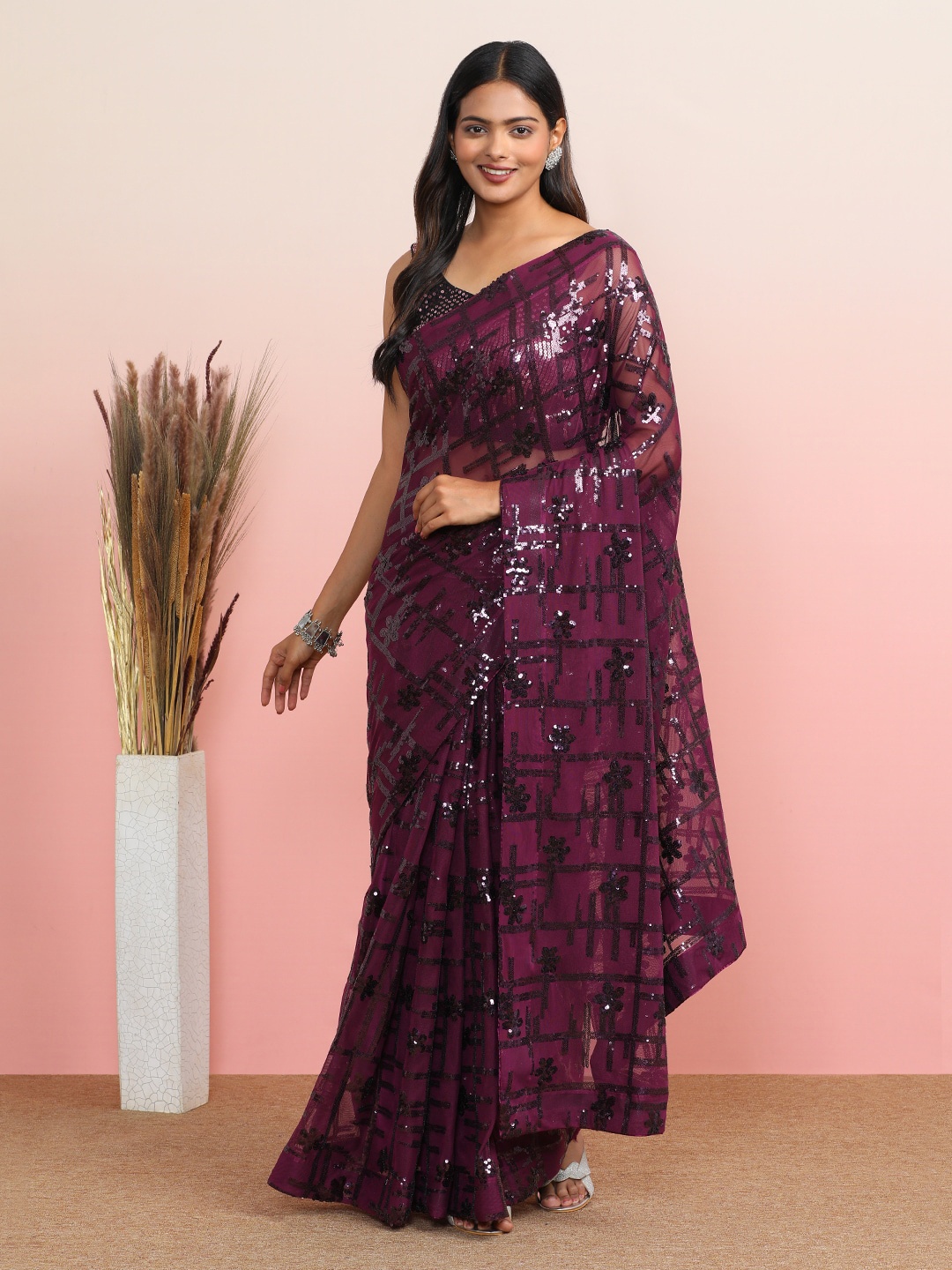 

MAHALASA Embroidered Sequinned Pure Georgette Saree, Purple