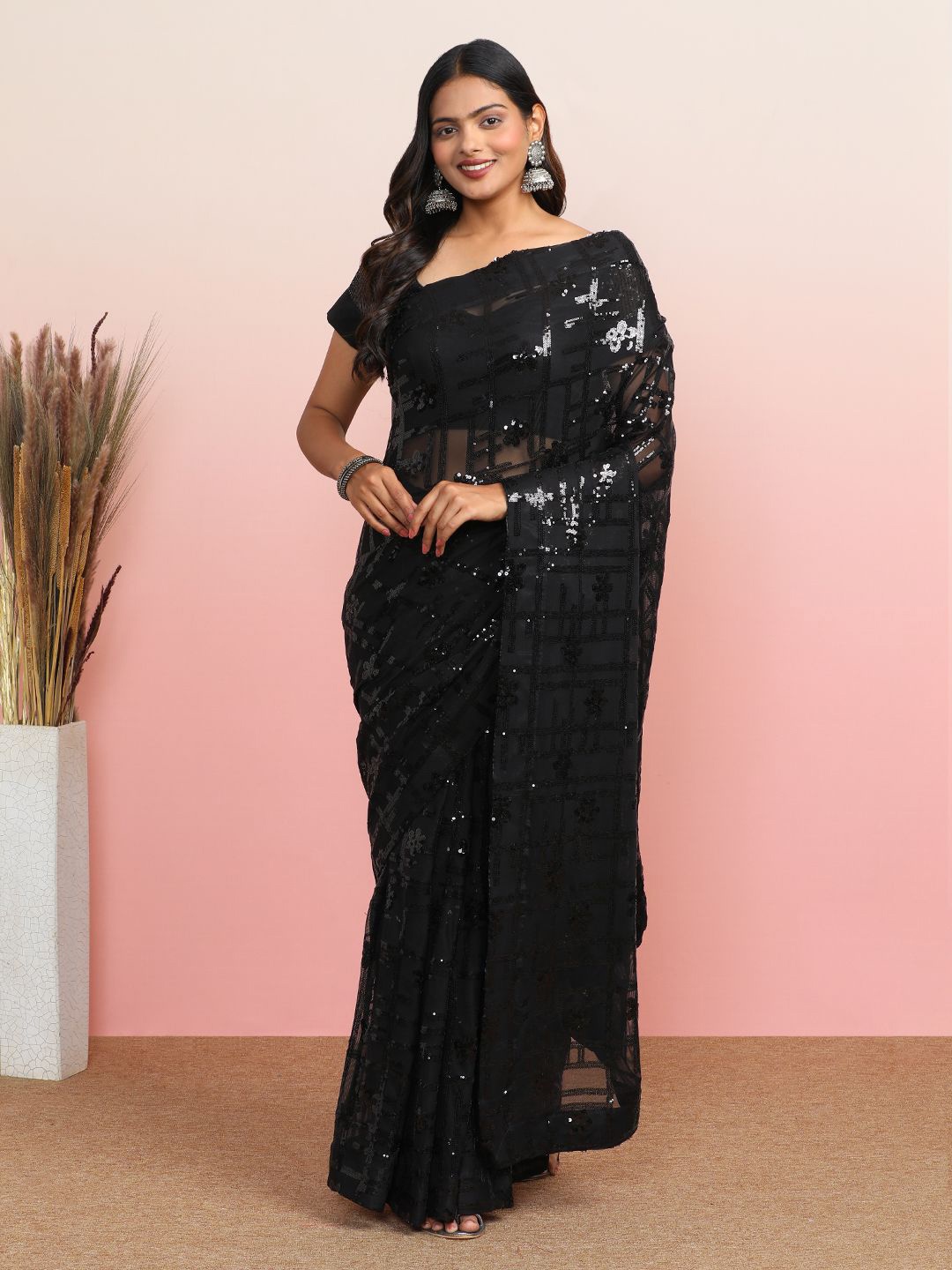 

MAHALASA Ethnic Motifs Embroidered Pure Georgette Fusion Saree, Black