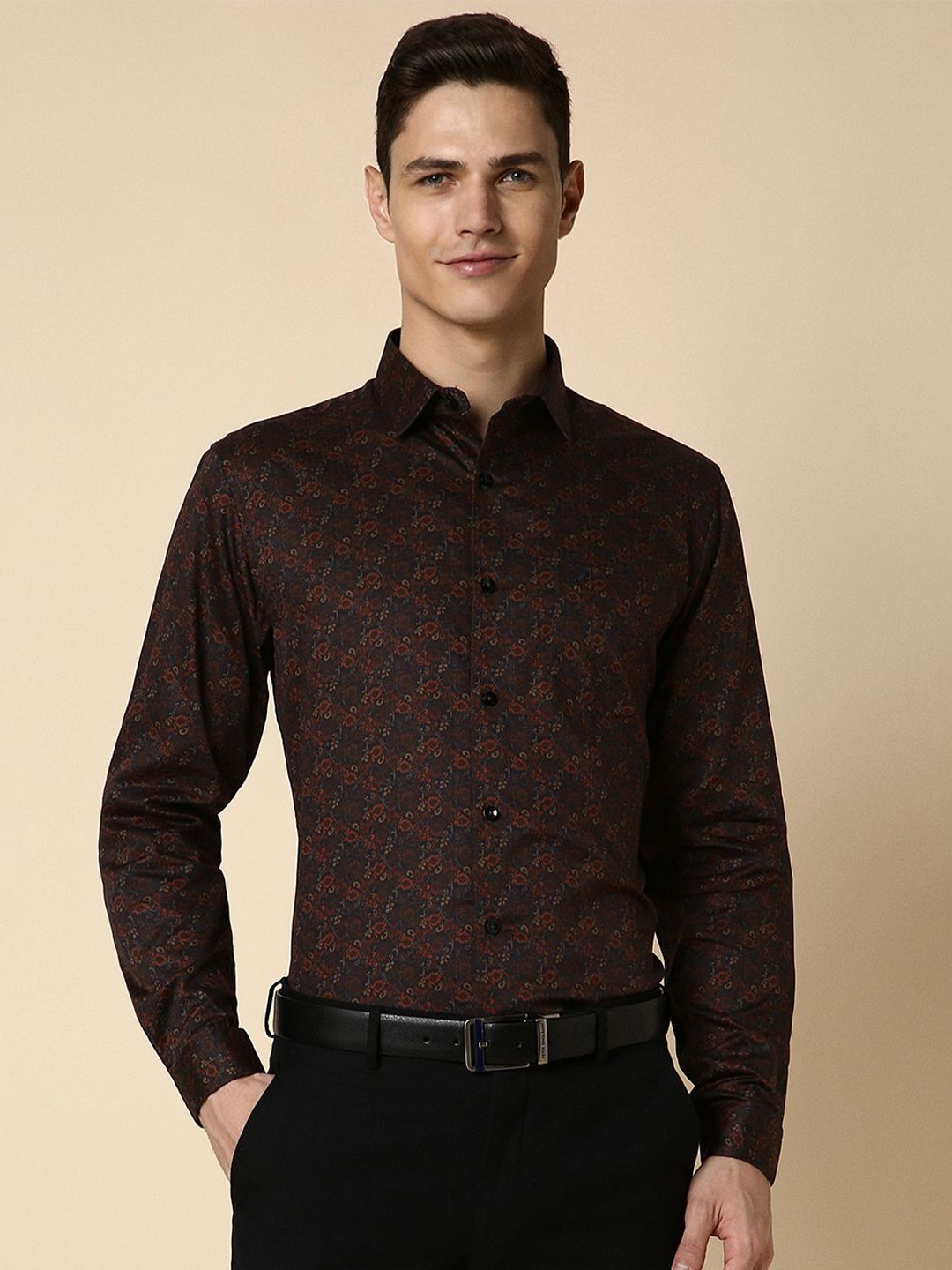 

Allen Solly Ethnic Motifs Printed Spread Collar Slim Fit Cotton Formal Shirt, Brown