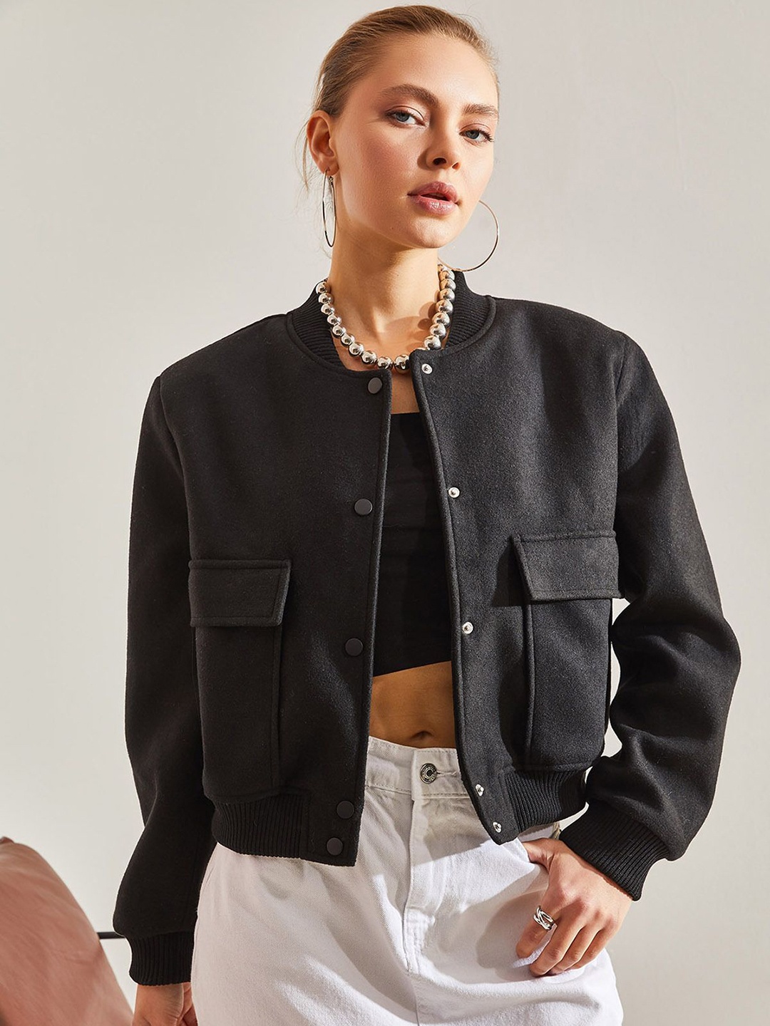 

BIANCO LUCCI Crop Bomber Jacket, Black