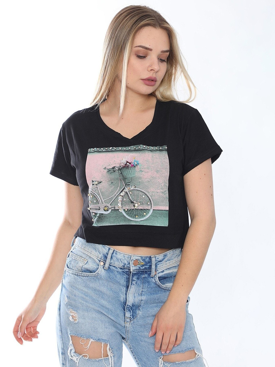 

BIANCO LUCCI Graphic Printed Crop T-Shirt, Black