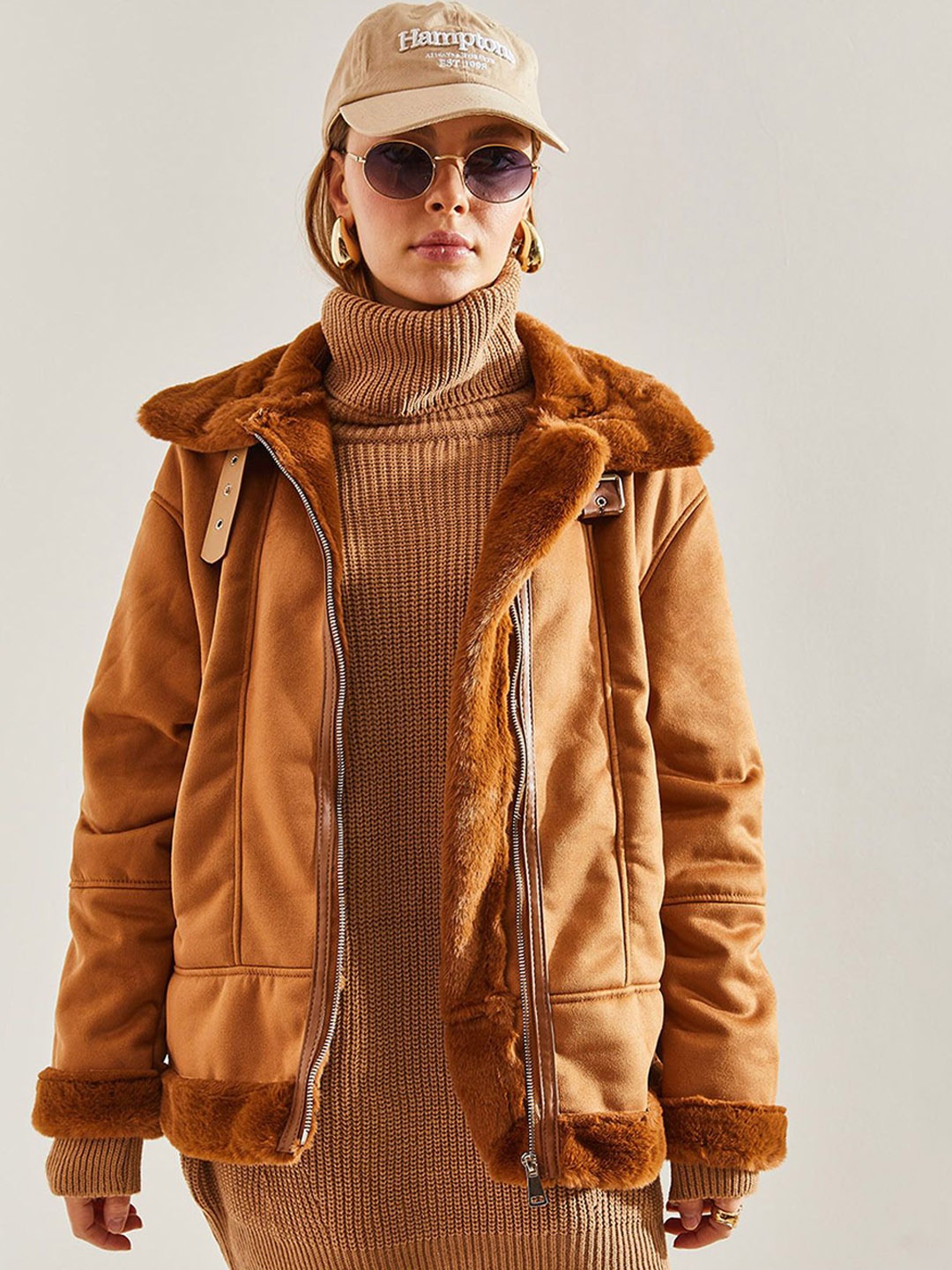 

BIANCO LUCCI Stand Collar Bomber Jacket, Brown