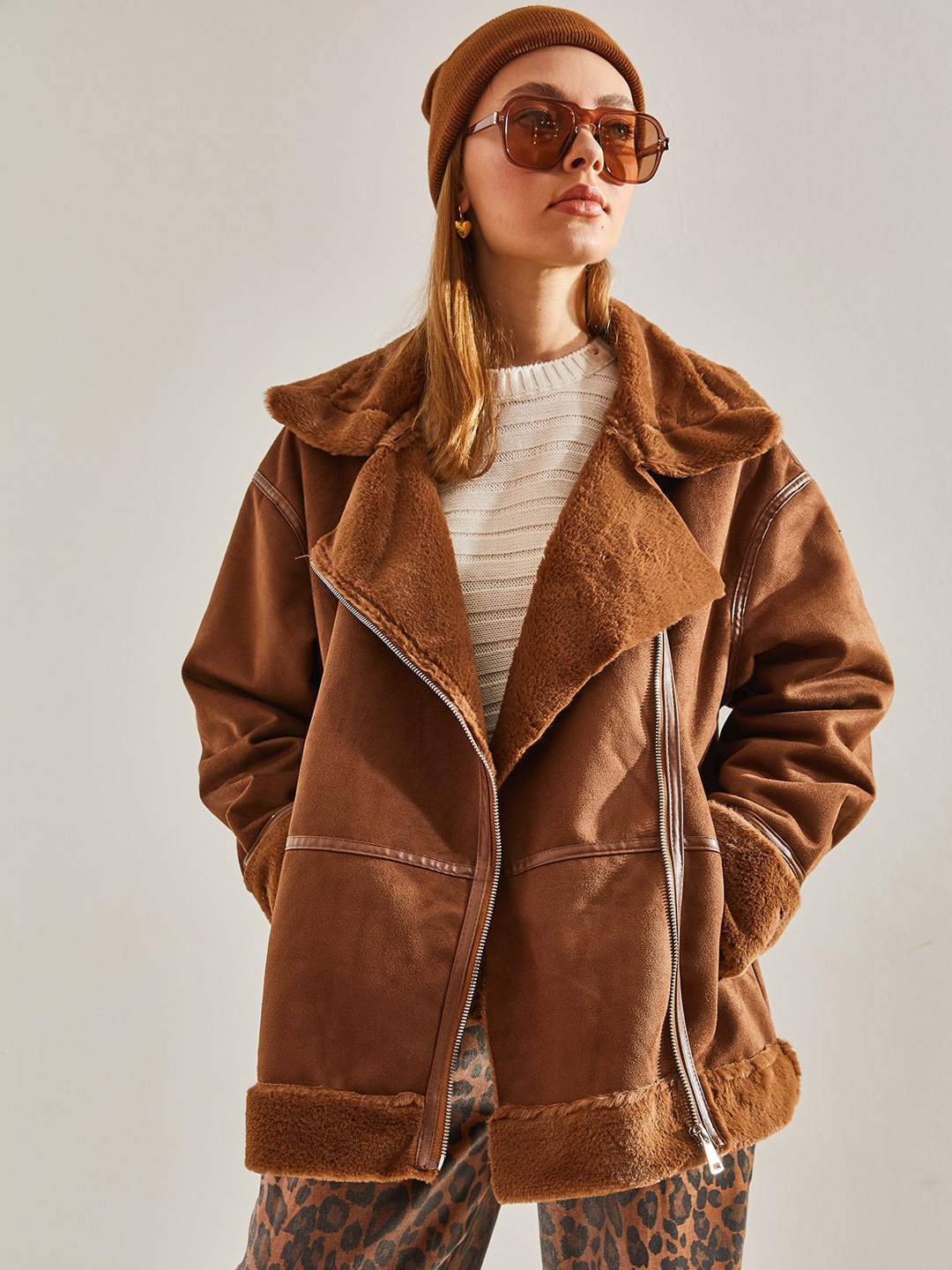 

BIANCO LUCCI Lapel Collar Open Front Jacket, Brown