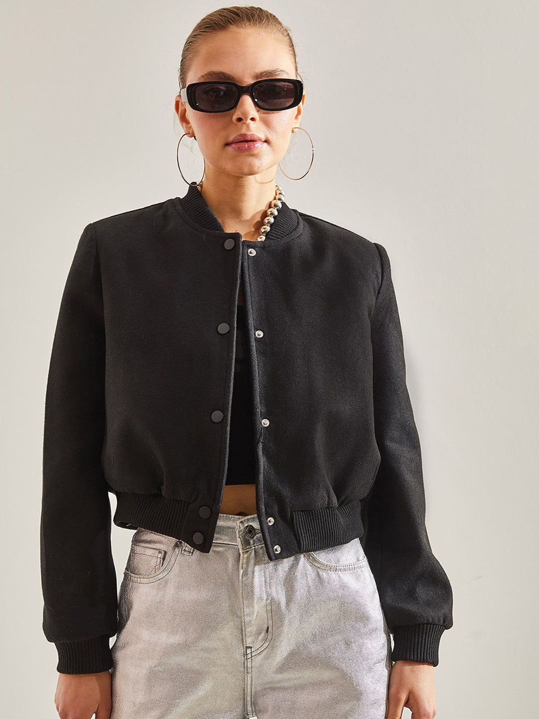 

BIANCO LUCCI Mandarin Collar Crop Bomber Jacket, Black