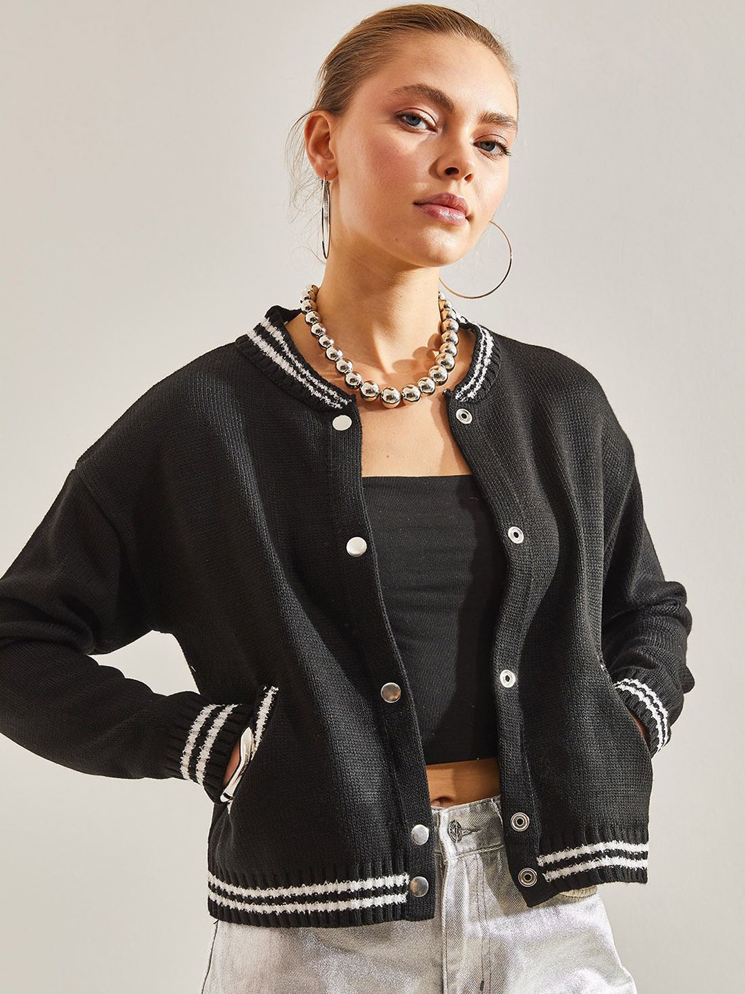 

BIANCO LUCCI Crop Bomber Jacket, Black