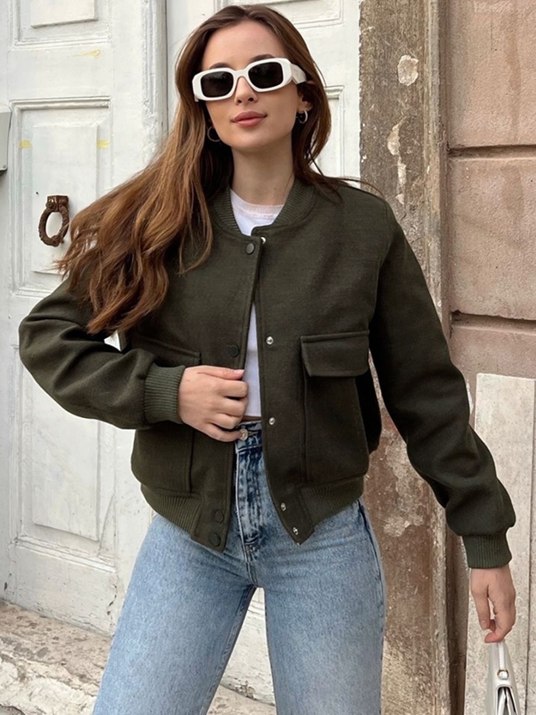 

BIANCO LUCCI Mandarin Collar Bomber Jacket, Green