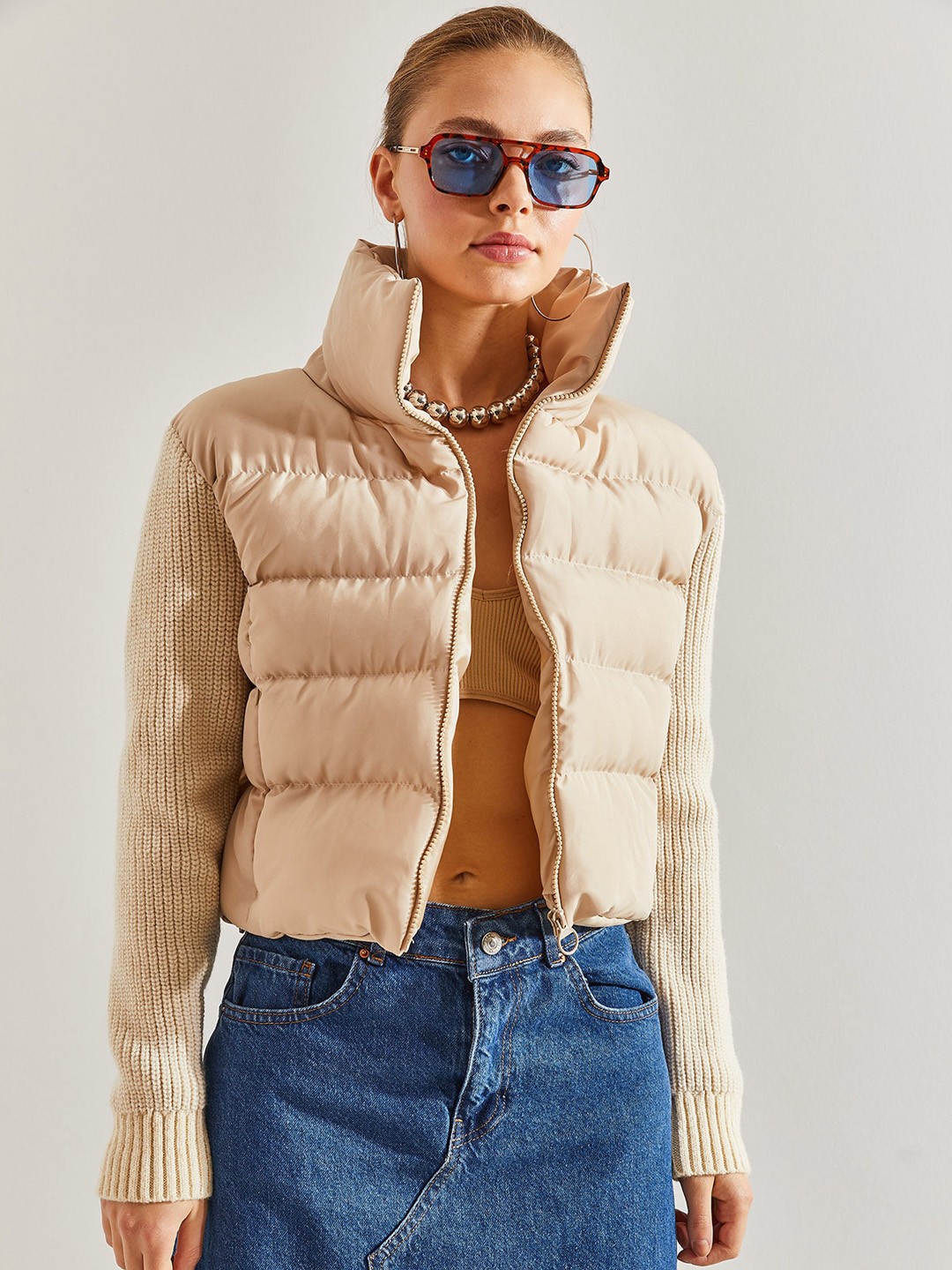 

BIANCO LUCCI Stand Collar Crop Puffer Jacket, Camel brown