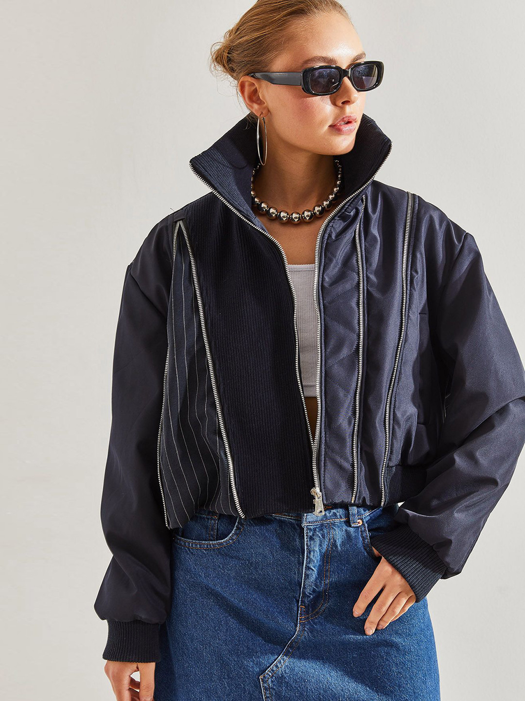 

BIANCO LUCCI Mock Collar Open Front Jacket, Navy blue