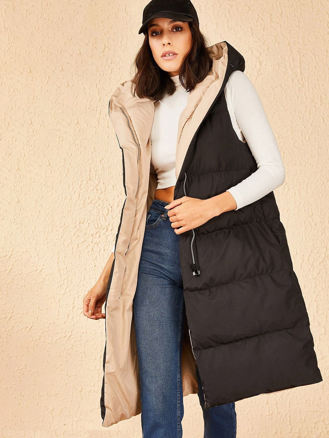 

BIANCO LUCCI Hooded Sleeveless Reversible Longline Padded Jacket, Camel brown