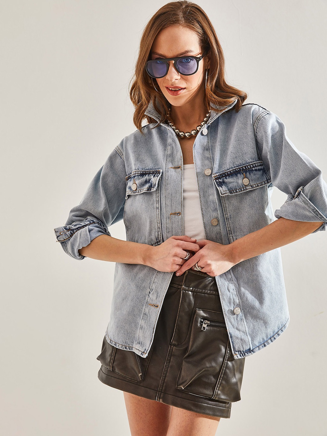 

BIANCO LUCCI Washed Pure Cotton Denim Jacket, Blue