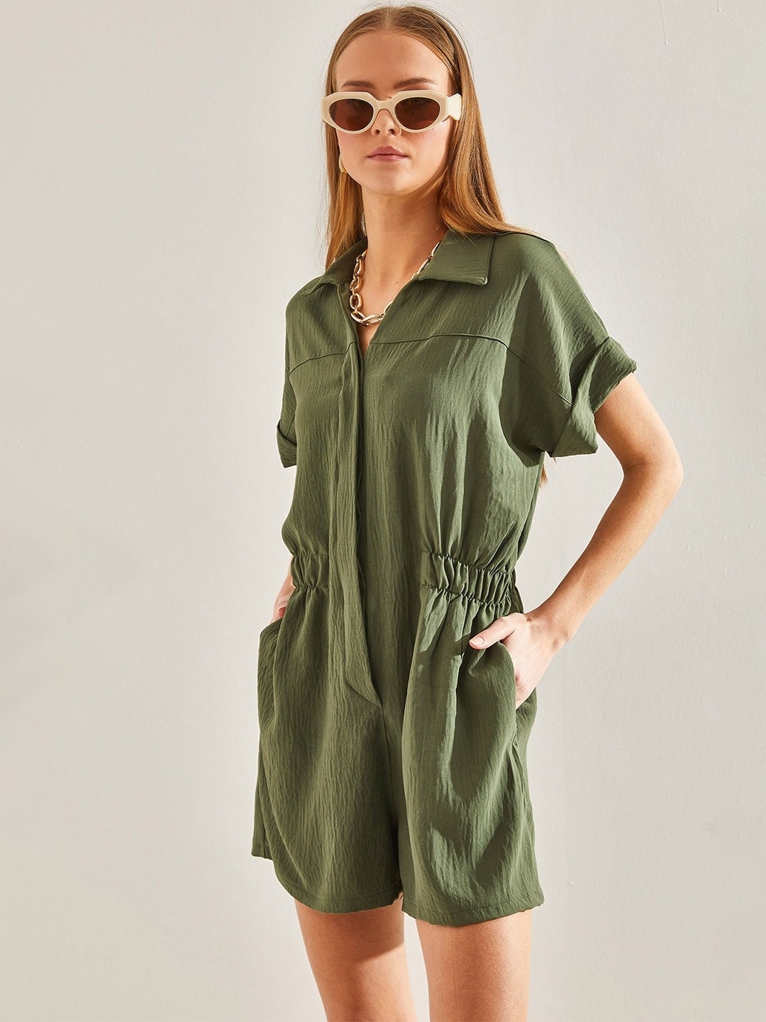 

BIANCO LUCCI Textured Shirt Collar Playsuit, Khaki